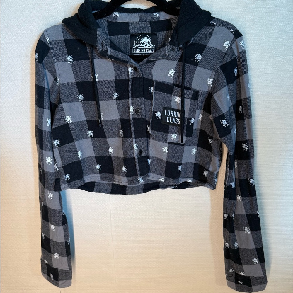 Lurking Class Black and Gray Plaid Women's Cropped Hoodie